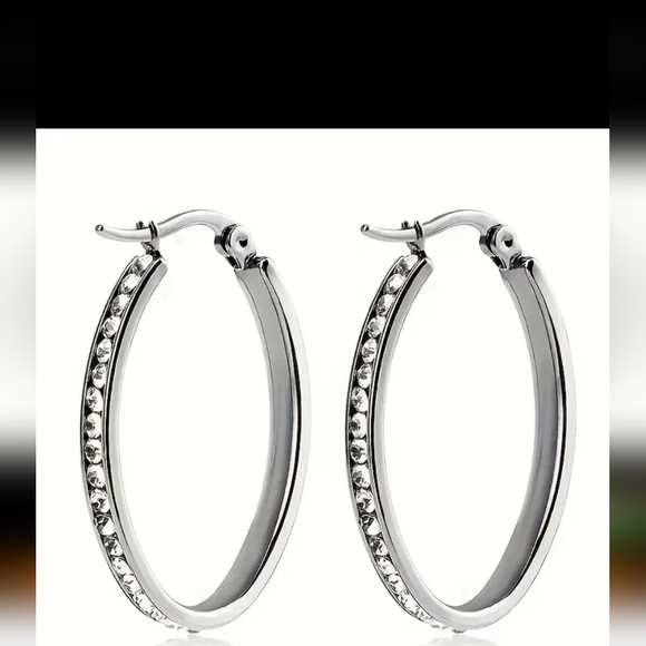 Stainless Steel CZ Women's Hoop Earrings - Picture 2 of 3